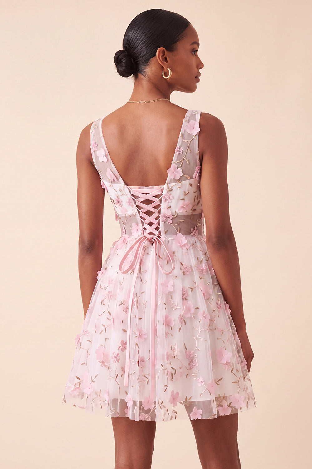 Blush V-Neck Floral A-Line Cocktail Dress with Lace Up Back