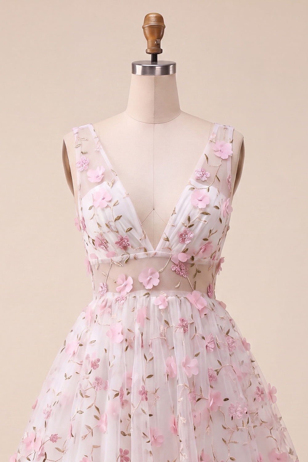 Blush V-Neck Floral A-Line Cocktail Dress with Lace Up Back