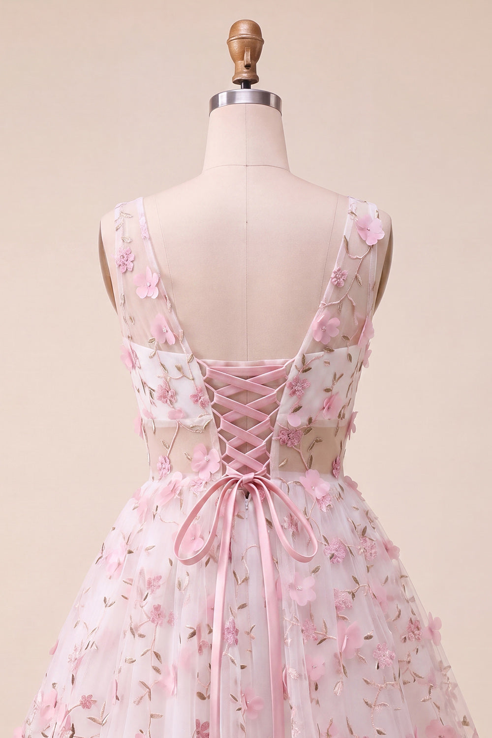 Blush V-Neck Floral A-Line Cocktail Dress with Lace Up Back