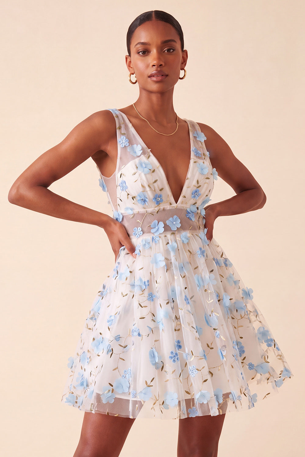 Blush V-Neck Floral A-Line Cocktail Dress with Lace Up Back