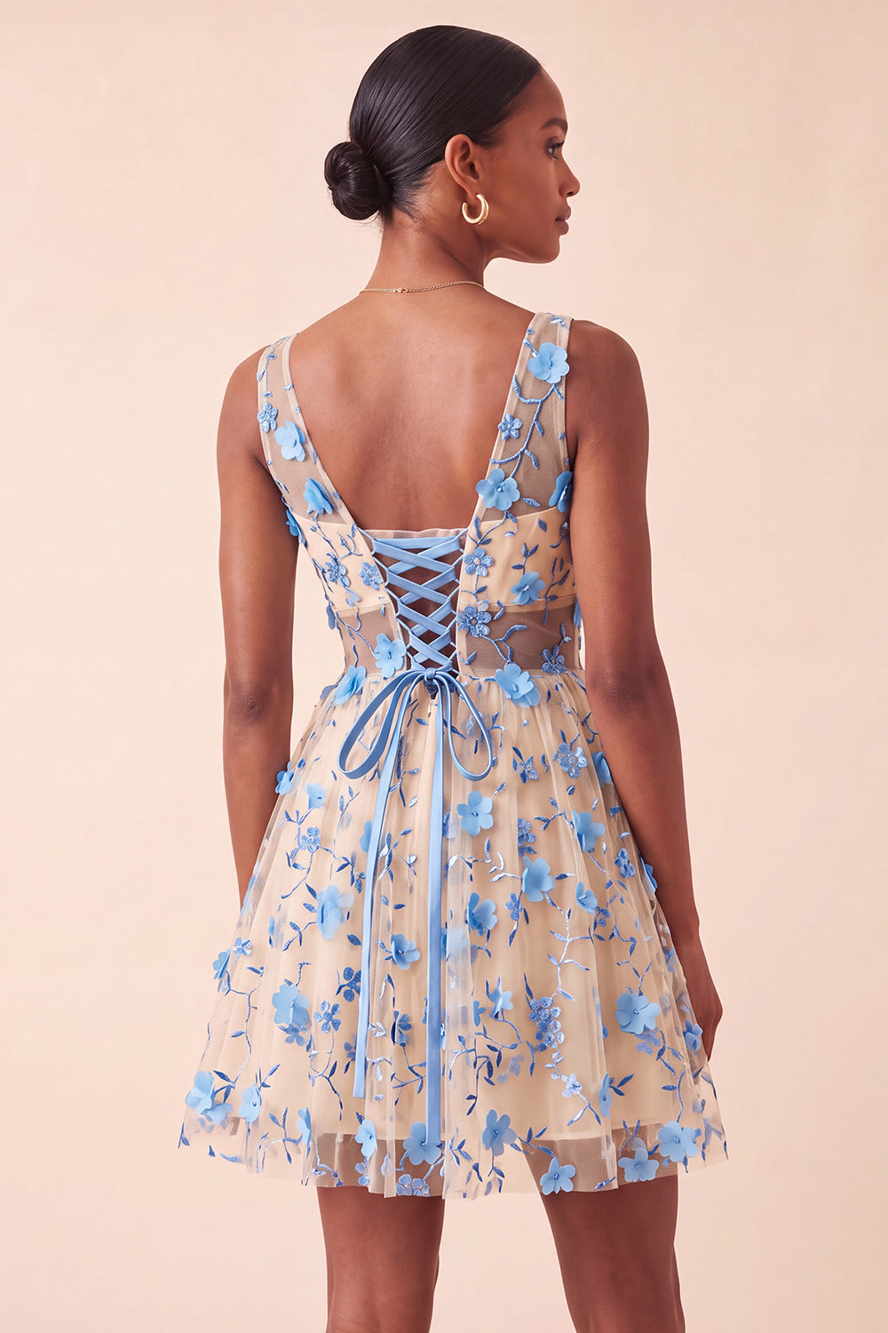 Blush V-Neck Floral A-Line Cocktail Dress with Lace Up Back