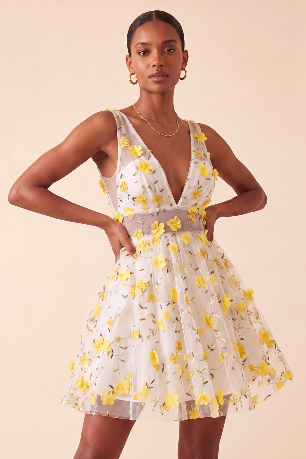Blush V-Neck Floral A-Line Cocktail Dress with Lace Up Back