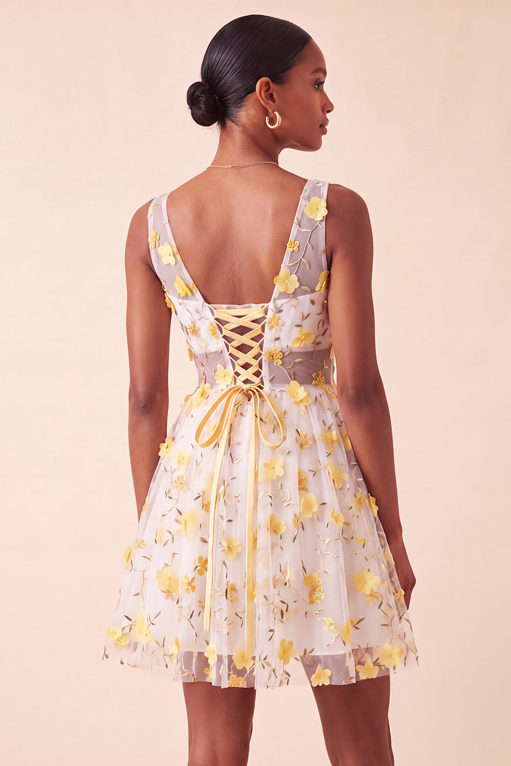Blush V-Neck Floral A-Line Cocktail Dress with Lace Up Back