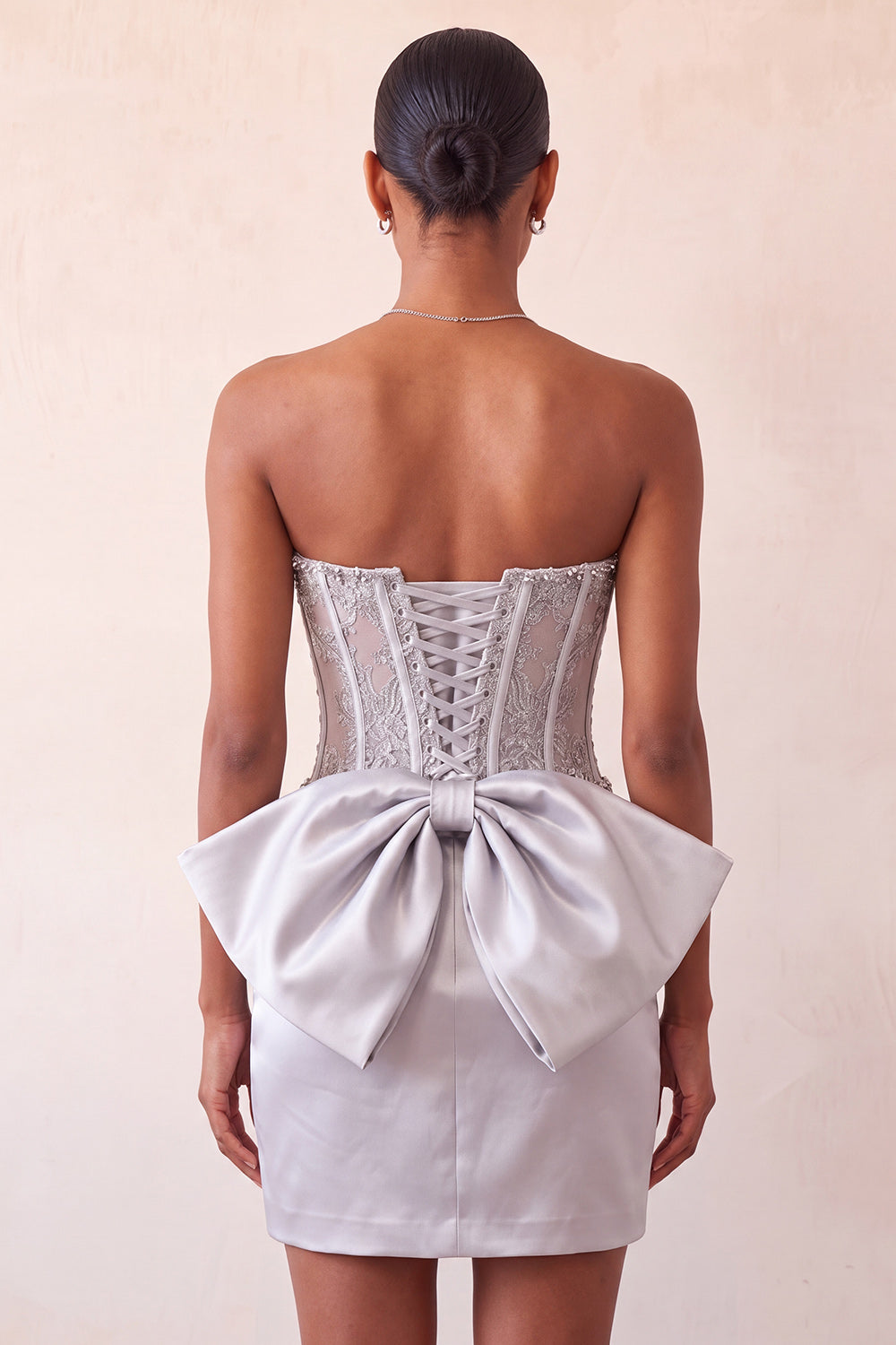 Silver Sweetheart Corset Lace Up Back Bodycon Homecoming Dress with Bow
