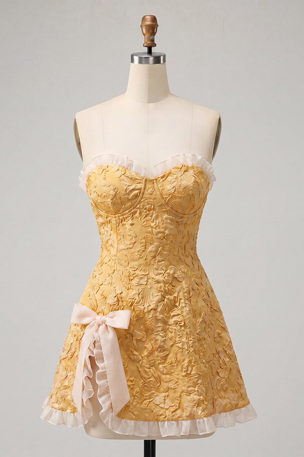 Sweetheart Yellow Jacquard A-Line Ruffled Lace Up Back Cocktail Dress with Slit