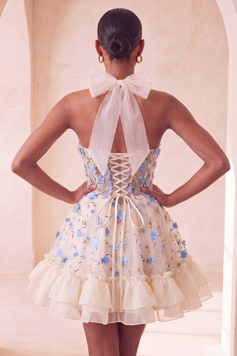 Light Yellow A-Line Ruffled Lace Up Back Sheer Corset Floral Cocktail Dress