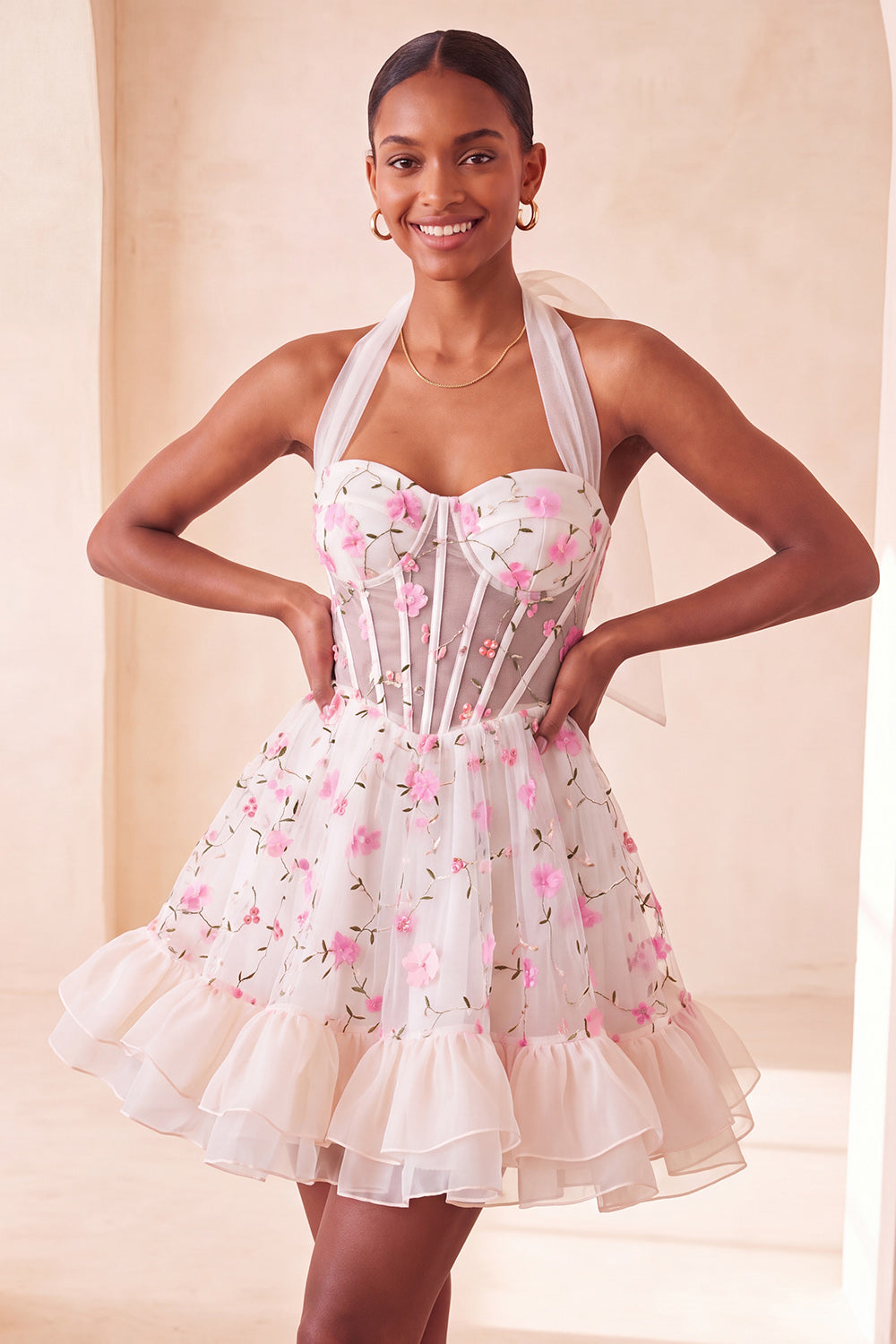 Light Yellow A-Line Ruffled Lace Up Back Sheer Corset Floral Cocktail Dress