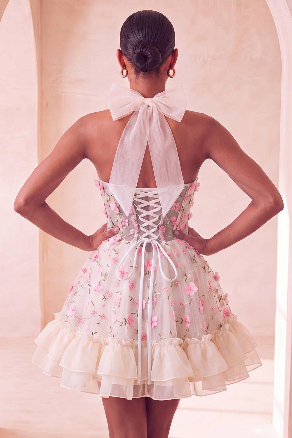 Light Yellow A-Line Ruffled Lace Up Back Sheer Corset Floral Cocktail Dress