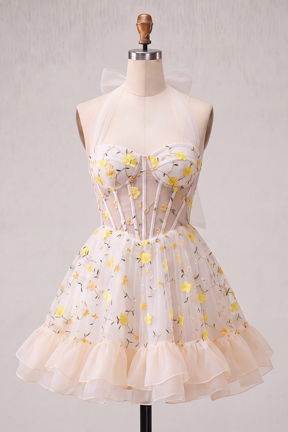 Light Yellow A-Line Ruffled Lace Up Back Sheer Corset Floral Cocktail Dress