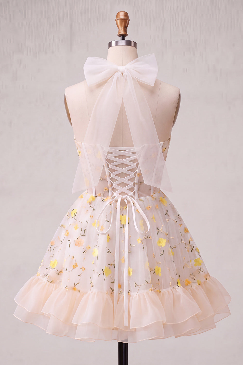 Light Yellow A-Line Ruffled Lace Up Back Sheer Corset Floral Cocktail Dress