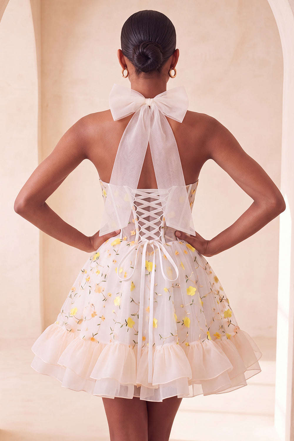 Light Yellow A-Line Ruffled Lace Up Back Sheer Corset Floral Cocktail Dress