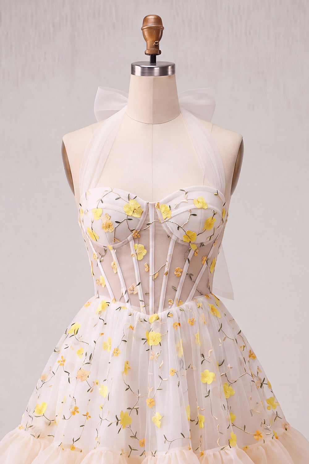 Light Yellow A-Line Ruffled Lace Up Back Sheer Corset Floral Cocktail Dress