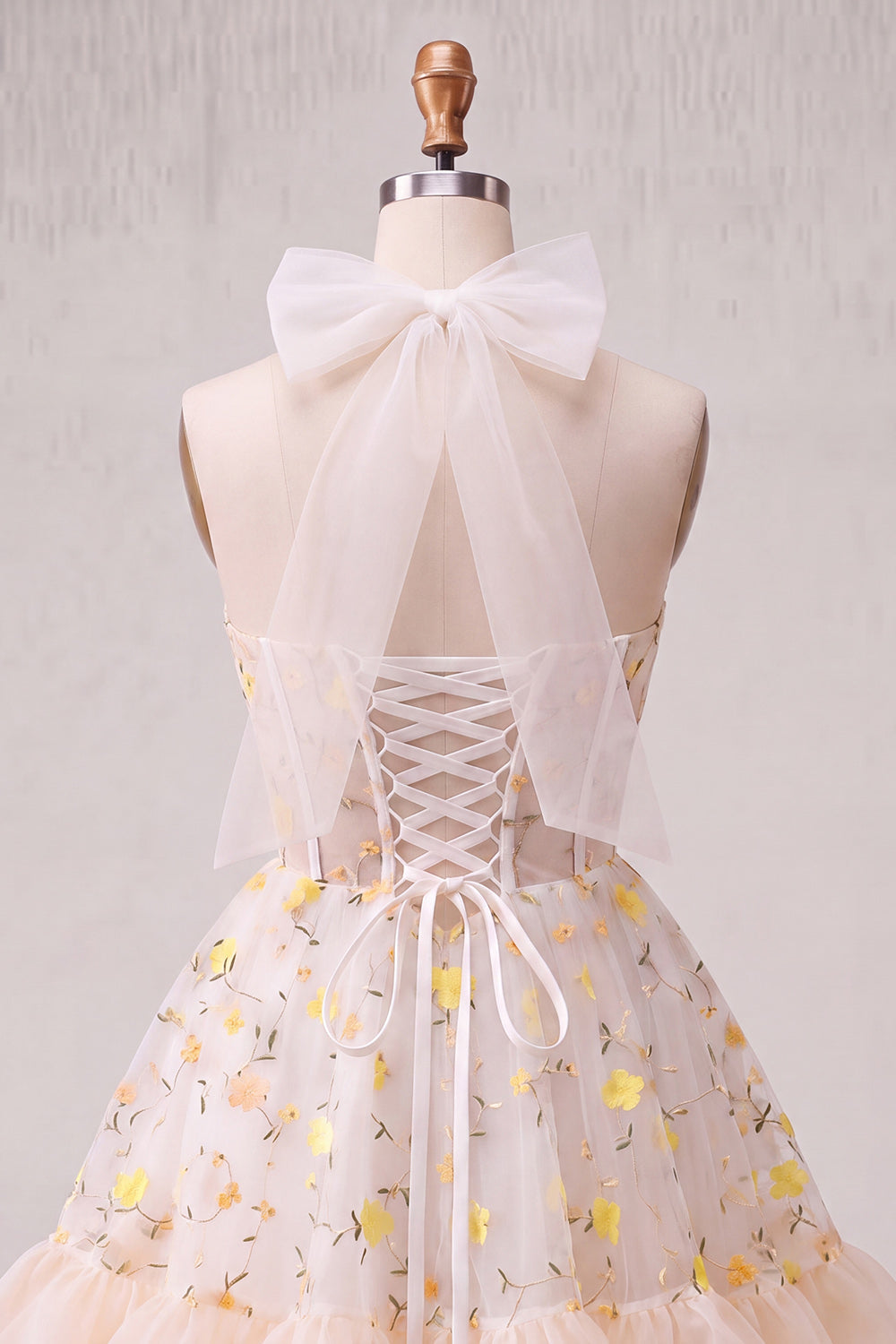 Light Yellow A-Line Ruffled Lace Up Back Sheer Corset Floral Cocktail Dress