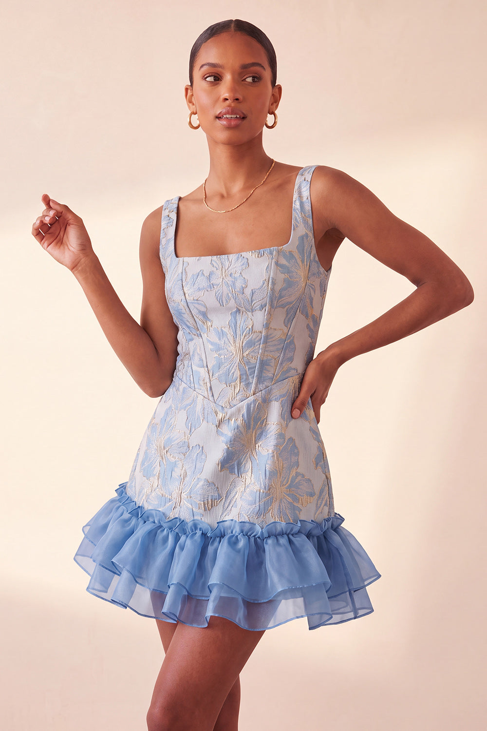 Blue Corset Square Neck Lace Up Back Jacquard Bodycon Homecoming Dress with Ruffles
