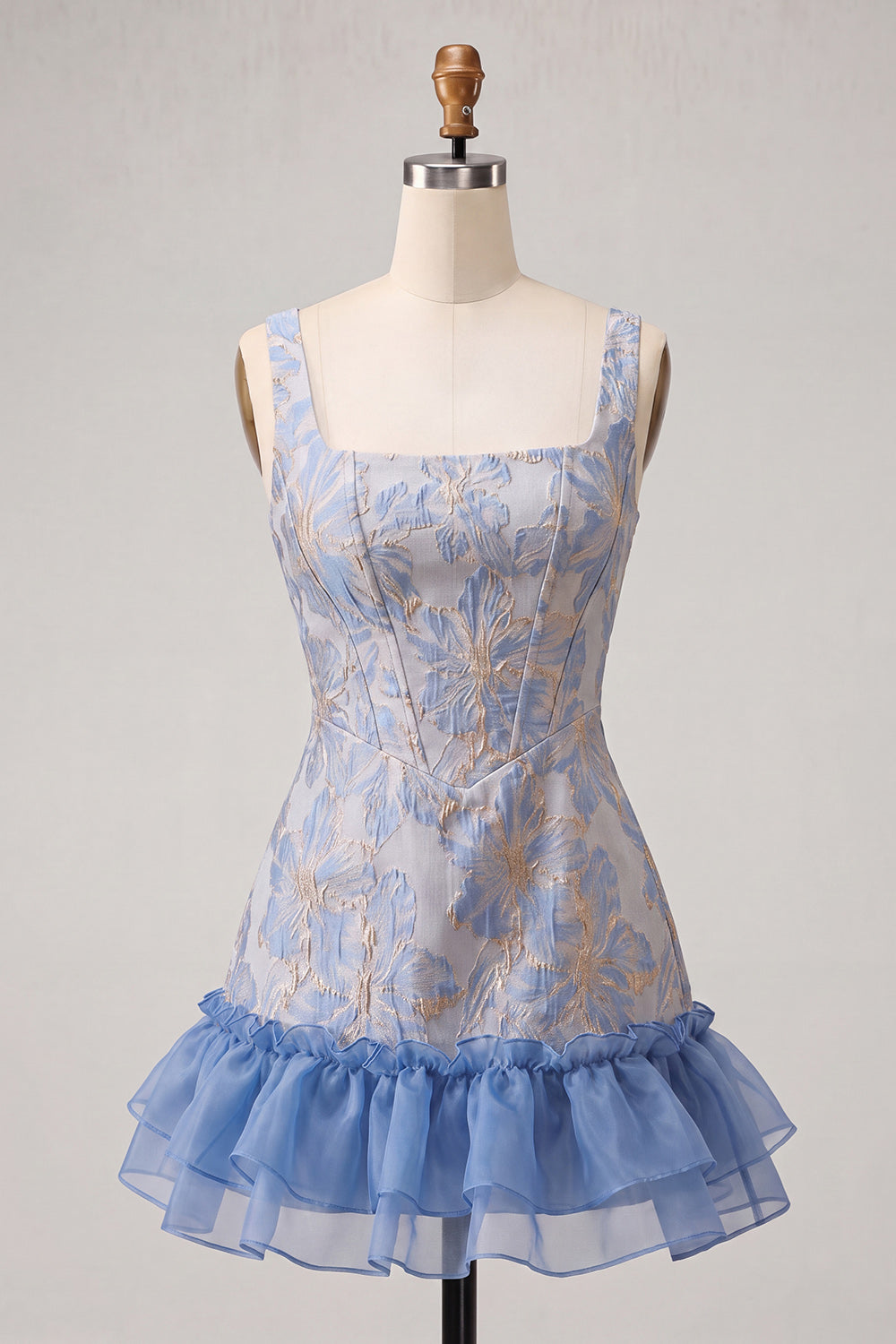 Blue Corset Square Neck Lace Up Back Jacquard Bodycon Homecoming Dress with Ruffles