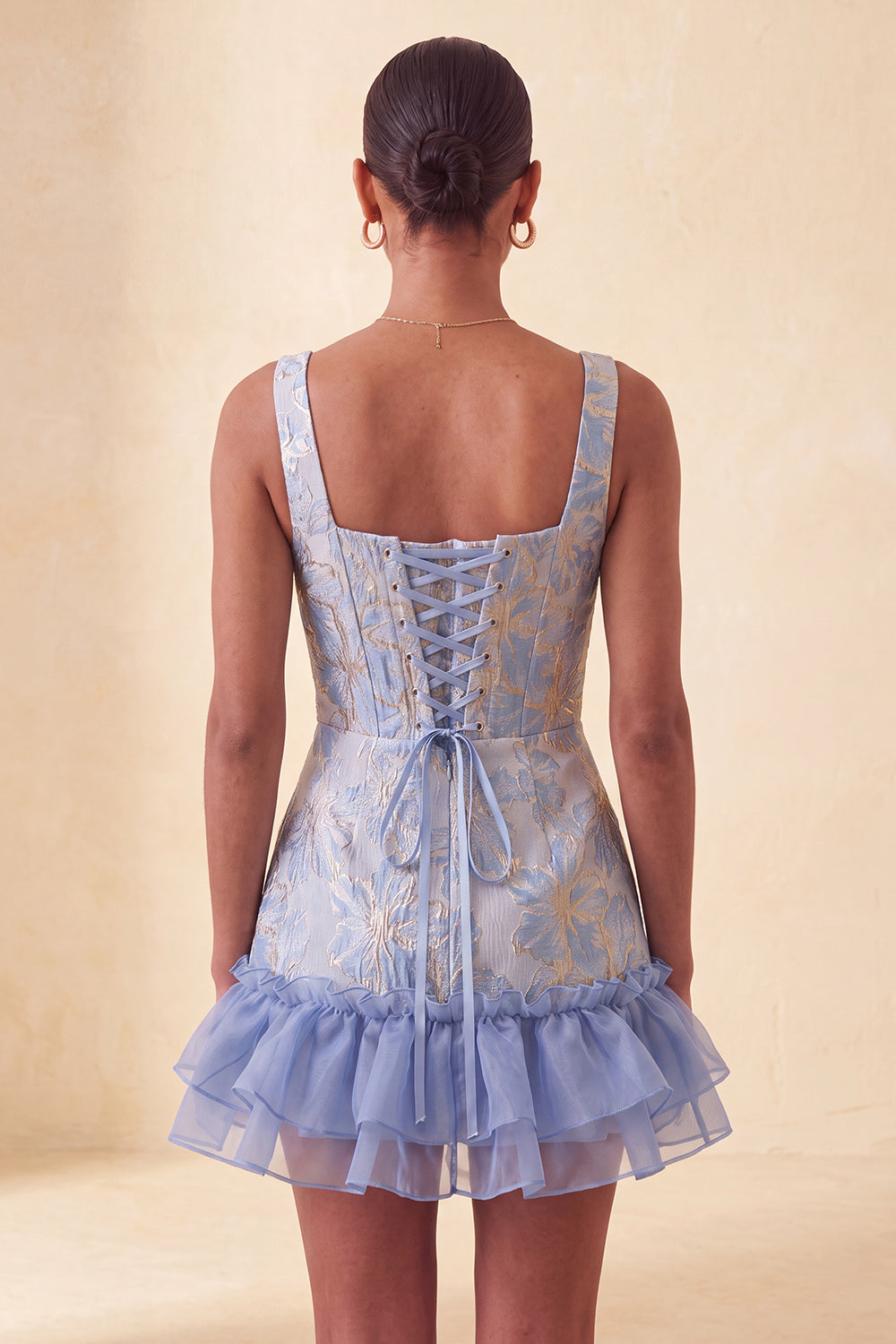 Blue Corset Square Neck Lace Up Back Jacquard Bodycon Homecoming Dress with Ruffles