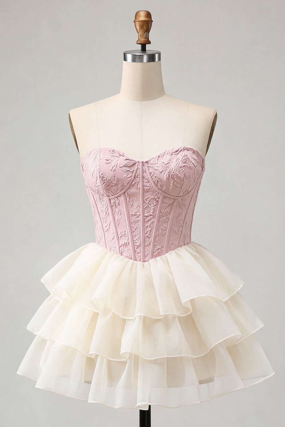 Pink Sweetheart A-Line Corset Jacquard Lace Up Back Tiered Homecoming Dress
