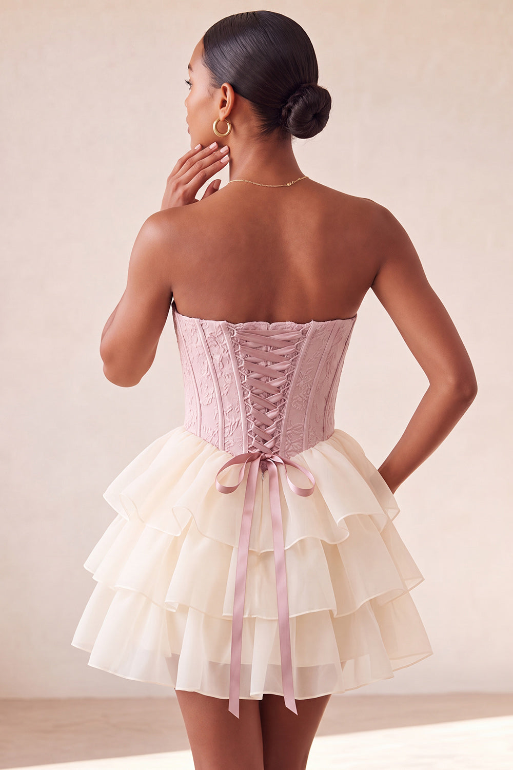 Pink Sweetheart A-Line Corset Jacquard Lace Up Back Tiered Homecoming Dress