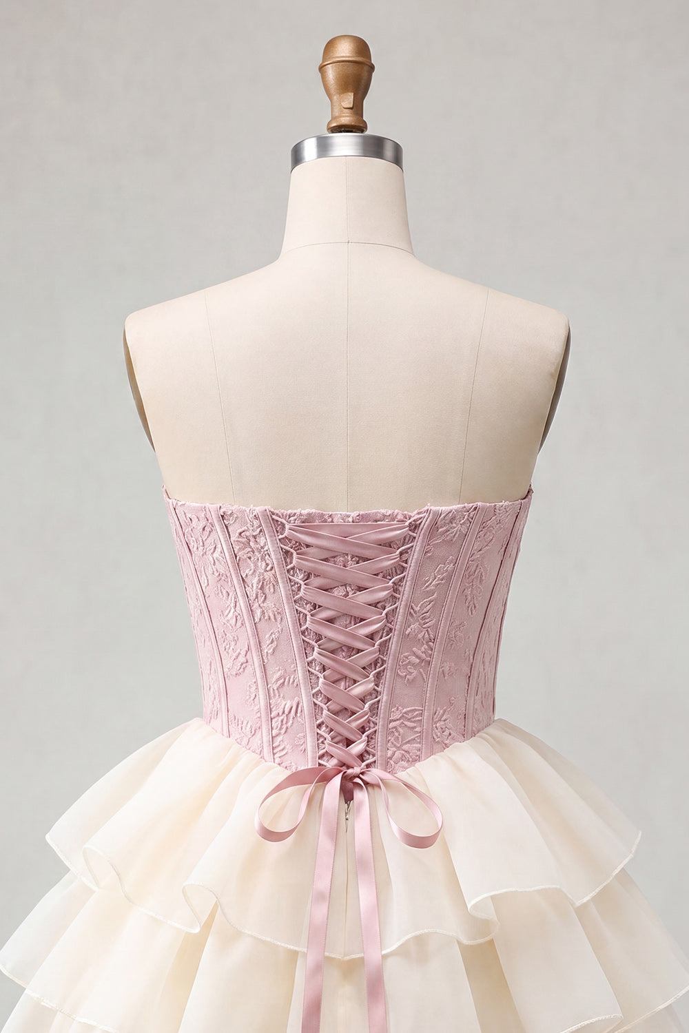 Pink Sweetheart A-Line Corset Jacquard Lace Up Back Tiered Homecoming Dress