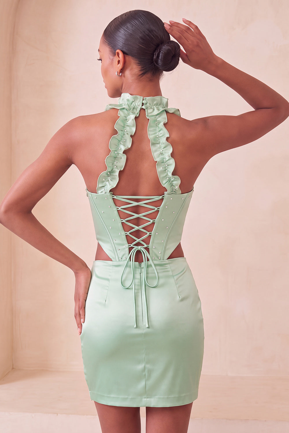 Halter Corset Bodycon Mint Green Ruched Short Homecoming Dress with Slit