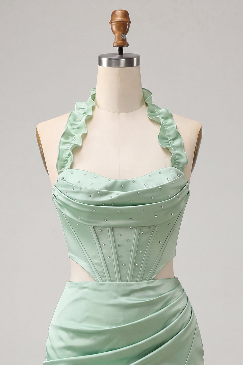 Halter Corset Bodycon Mint Green Ruched Short Homecoming Dress with Slit