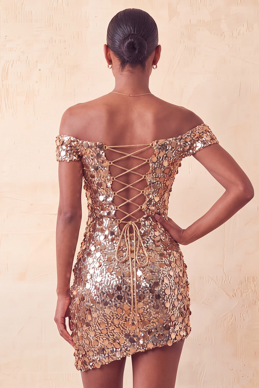 Sparkly Champagne Off The Shoulder Bodycon Homecoming Dress with Sequins
