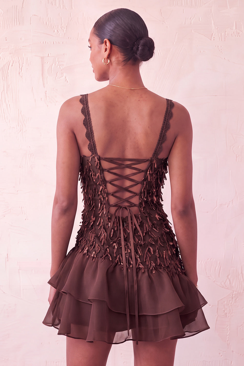 Pink Bodycon Ruffled Short Sequin Homecoming Dress with Lace Up Back