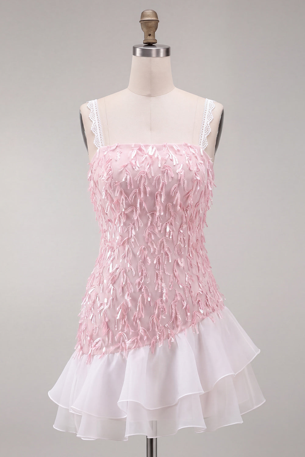 Pink Bodycon Ruffled Short Sequin Homecoming Dress with Lace Up Back