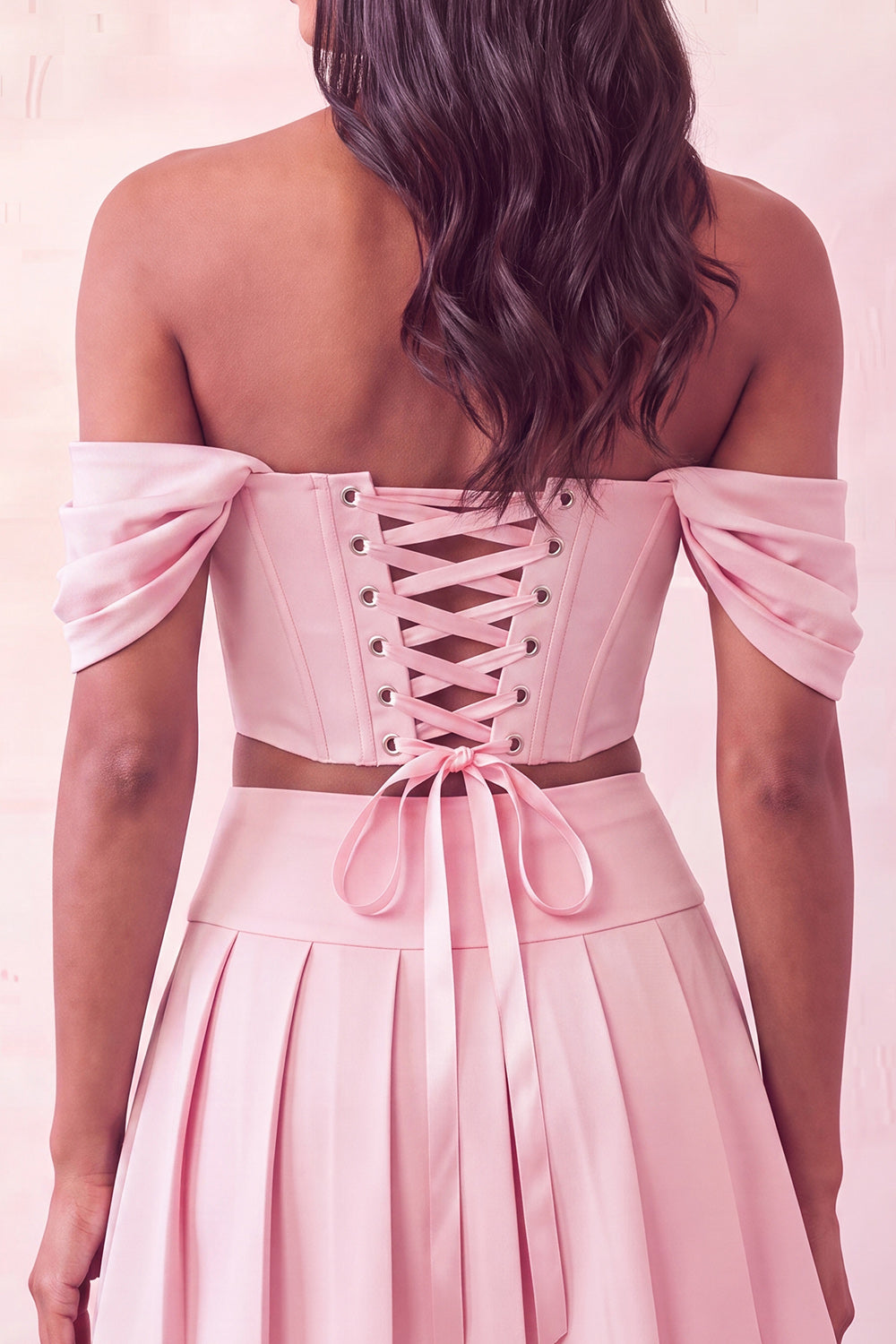 Off The Shoulder Light Pink Corset Pleated 2 Piece Homecoming Dress with Beading