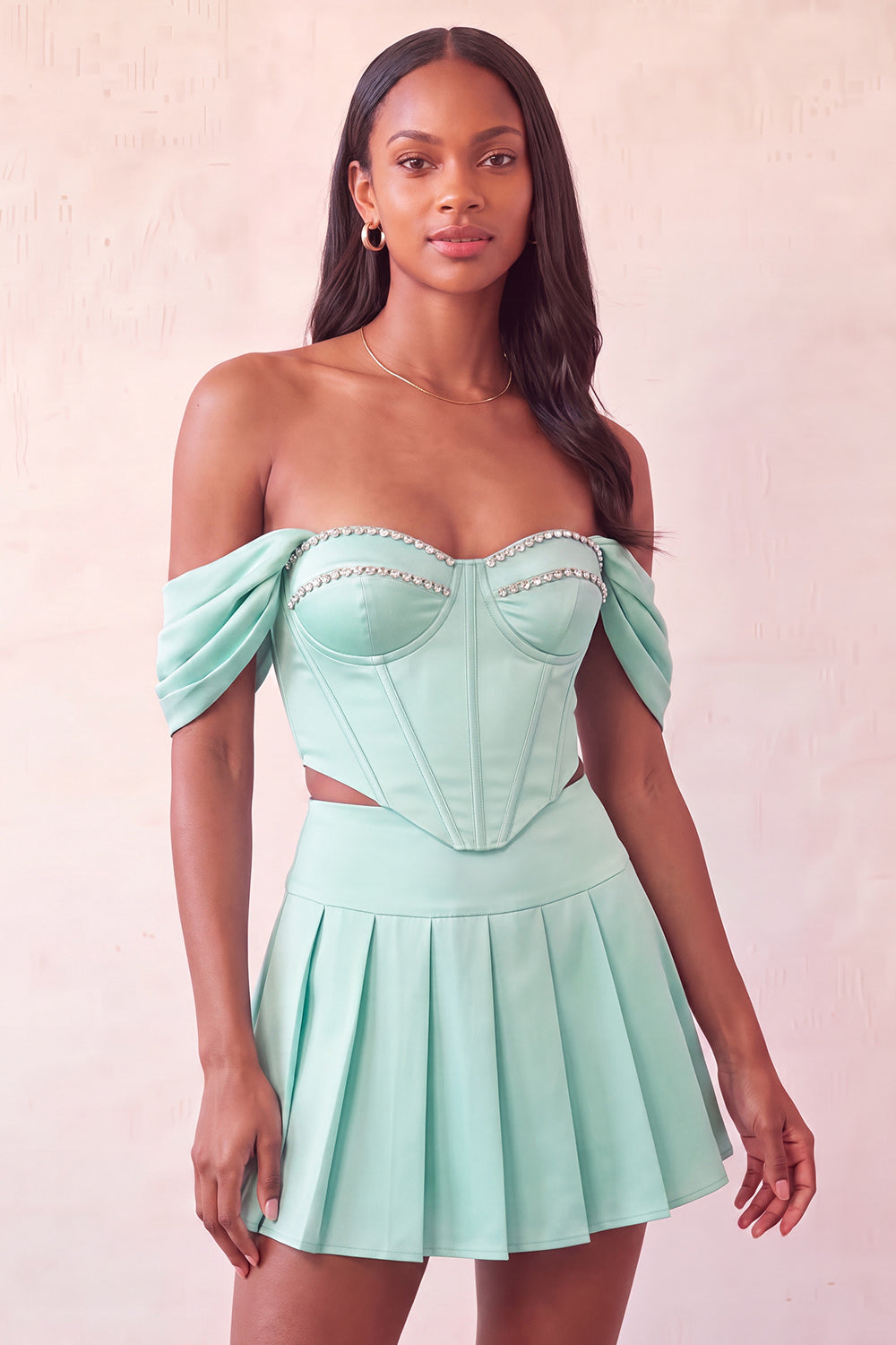 Off The Shoulder Light Pink Corset Pleated 2 Piece Homecoming Dress with Beading