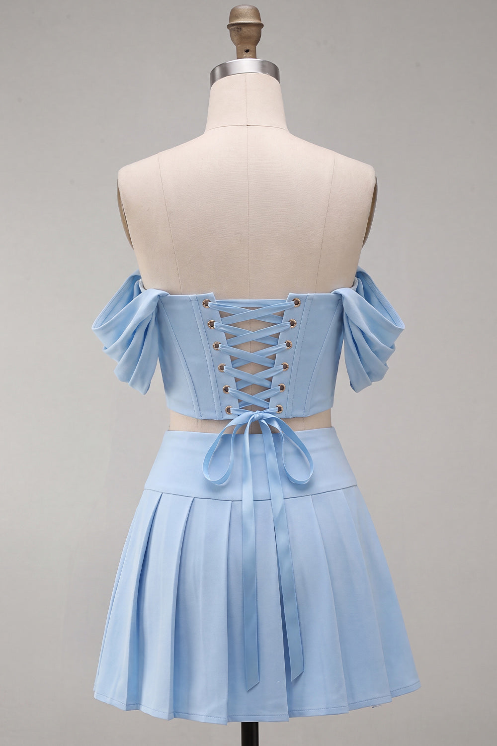 Off The Shoulder Light Pink Corset Pleated 2 Piece Homecoming Dress with Beading