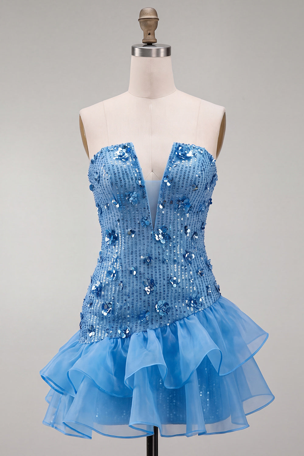 Robe de soirée courte moulante bleue sans bretelles à sequins avec volants