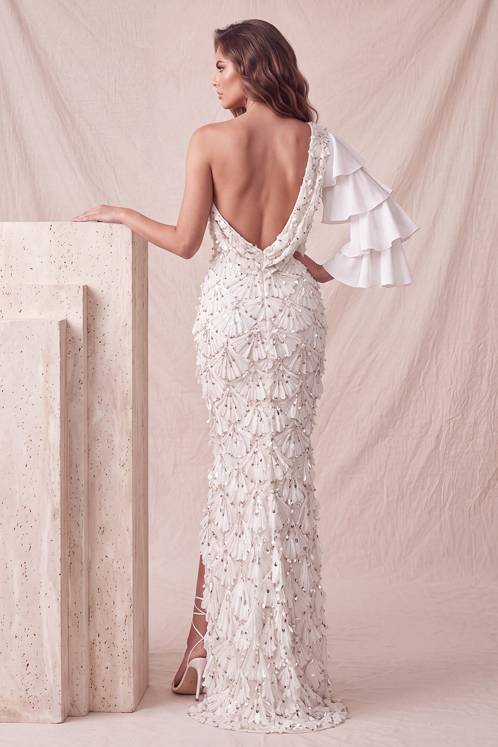 One Shoulder Light Gray Floral Mermaid Sequin Long Formal Dress with Slit