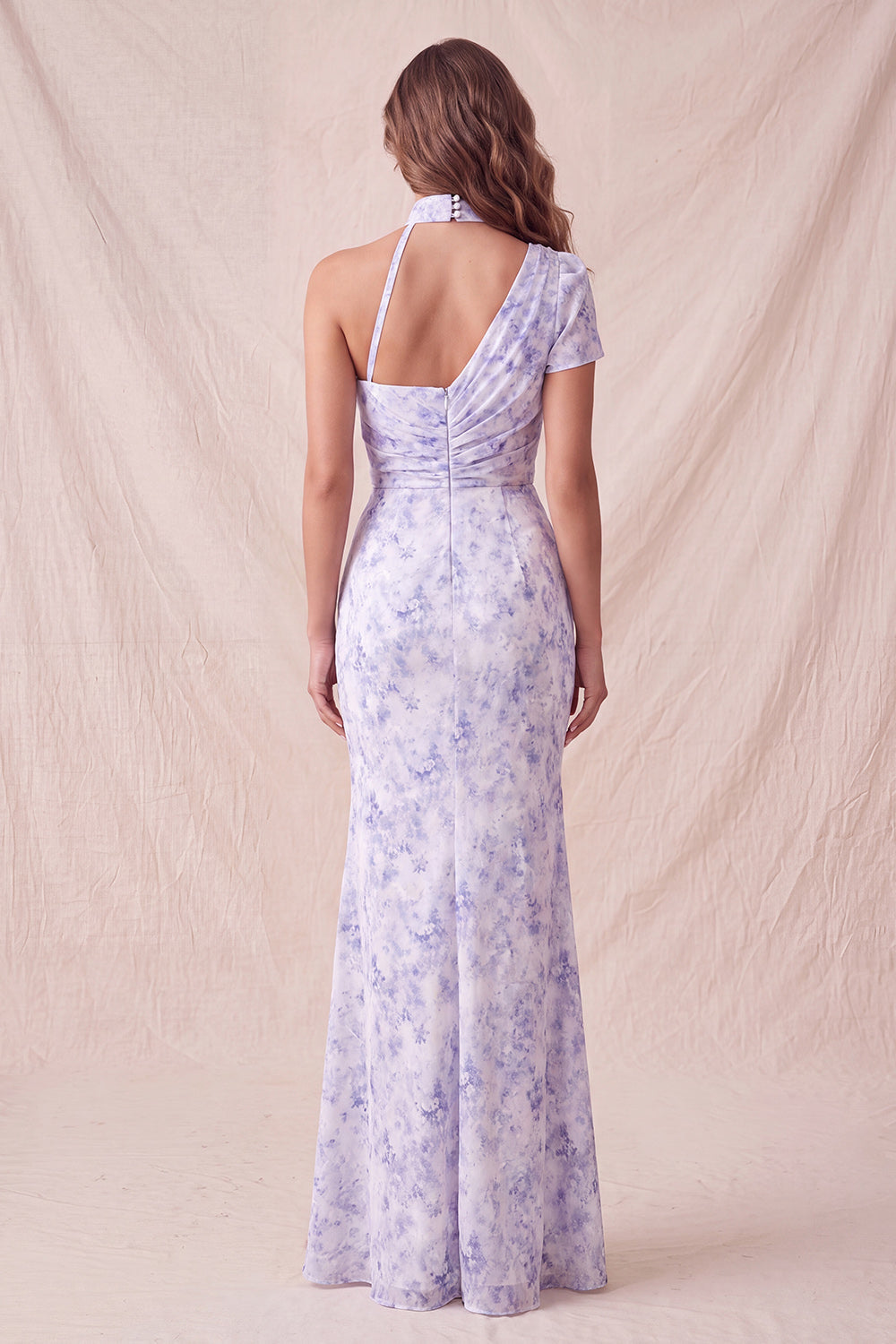 Chiffon Lilac Floral Mermaid Ruched Long Formal Dress with Slit