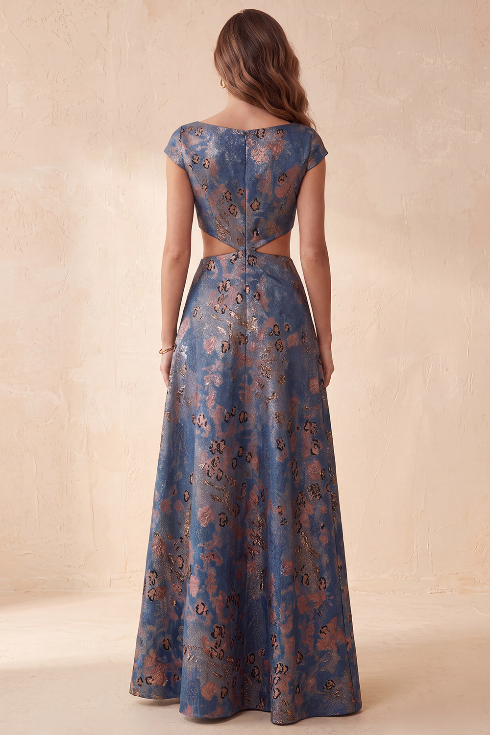 Navy Floral A-Line Jacquard Cut Out Bateau Neck Long Formal Dress with Cap Sleeves