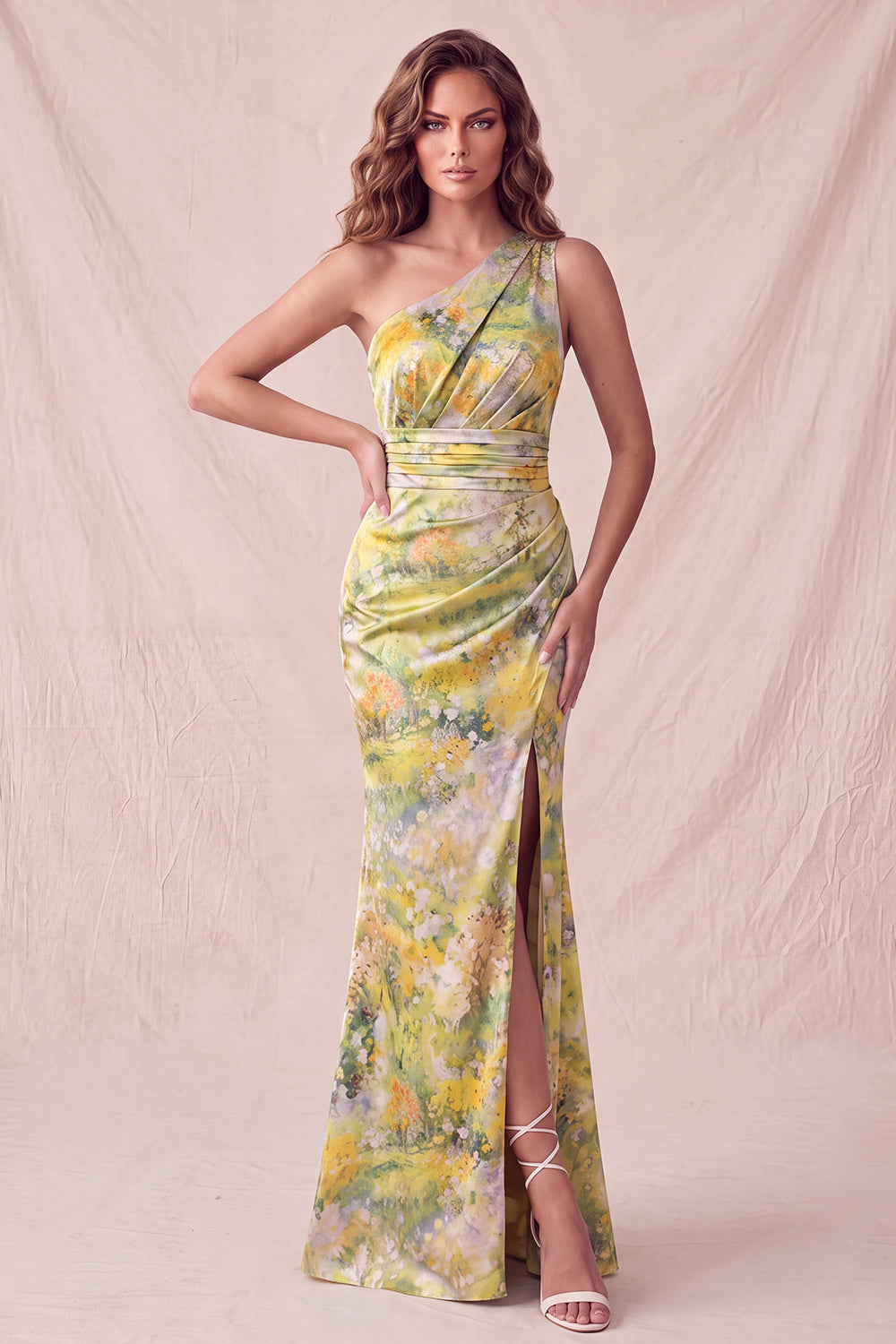 Yellow One Shoulder Floral Mermaid Ruched Long Formal Dress with Slit