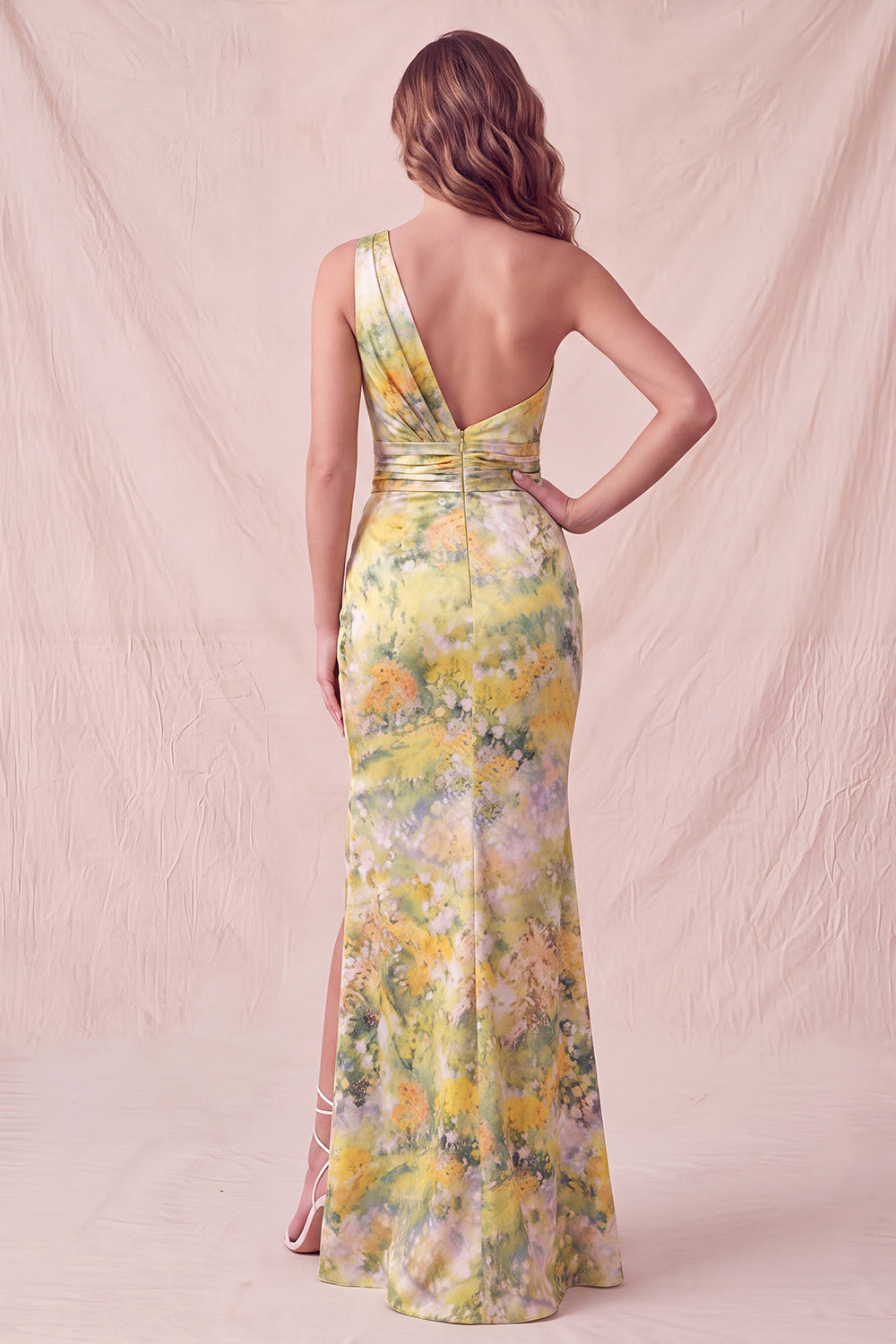 Yellow One Shoulder Floral Mermaid Ruched Long Formal Dress with Slit
