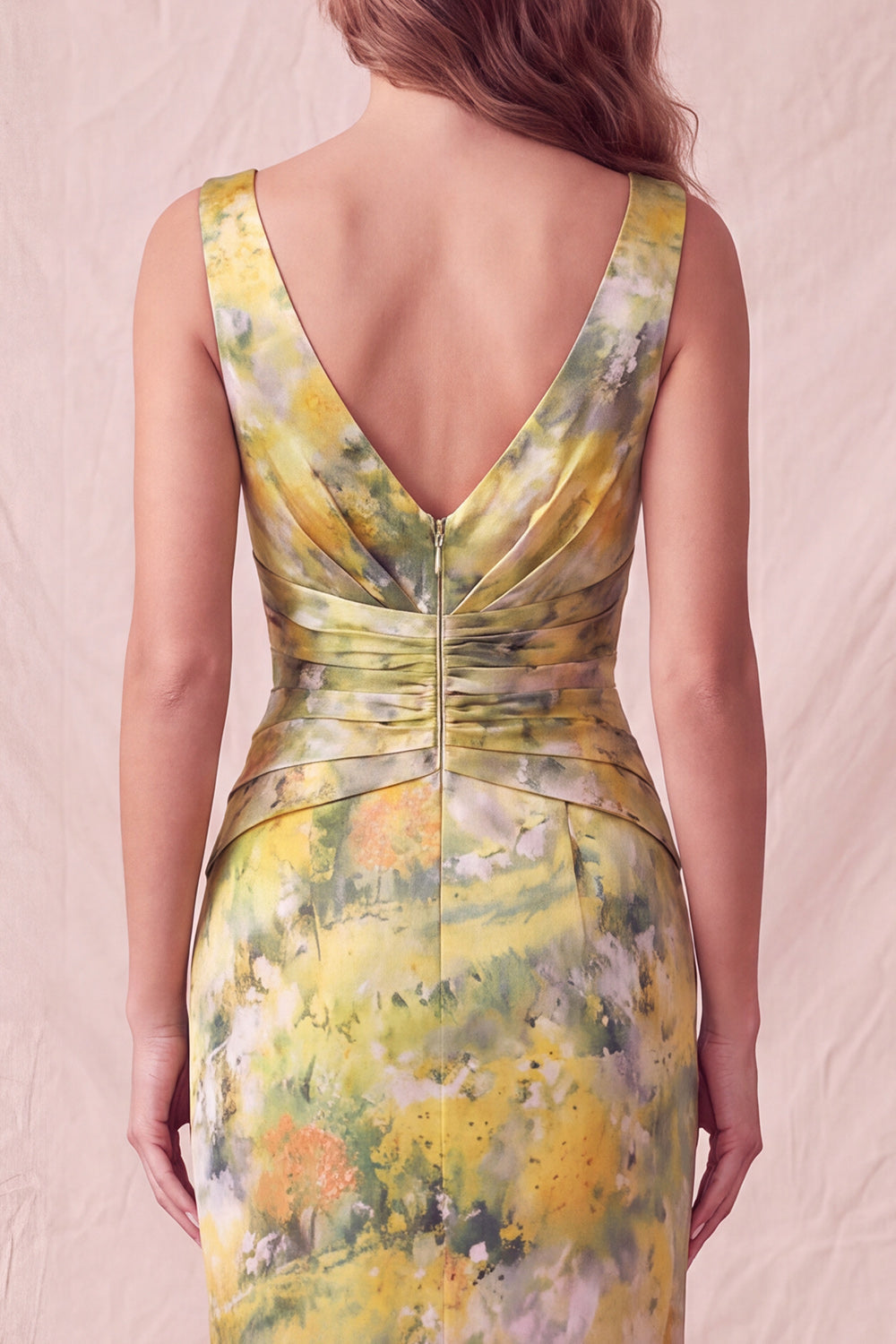 Yellow Floral Bodycon Thick Straps Ruched Midi Formal Dress