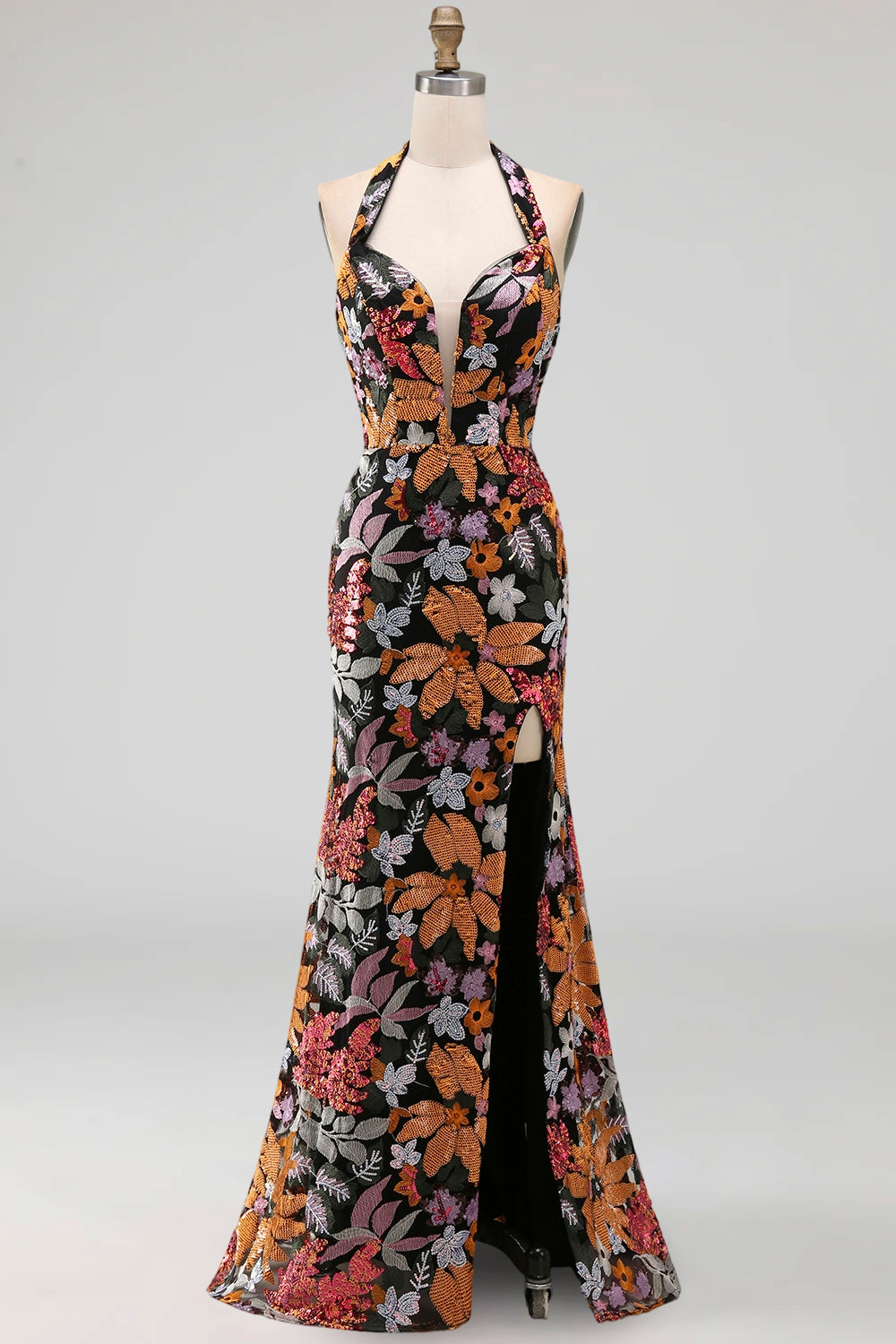 Black Sequins Floral Mermaid Halter Neck Long Formal Dress with Slit