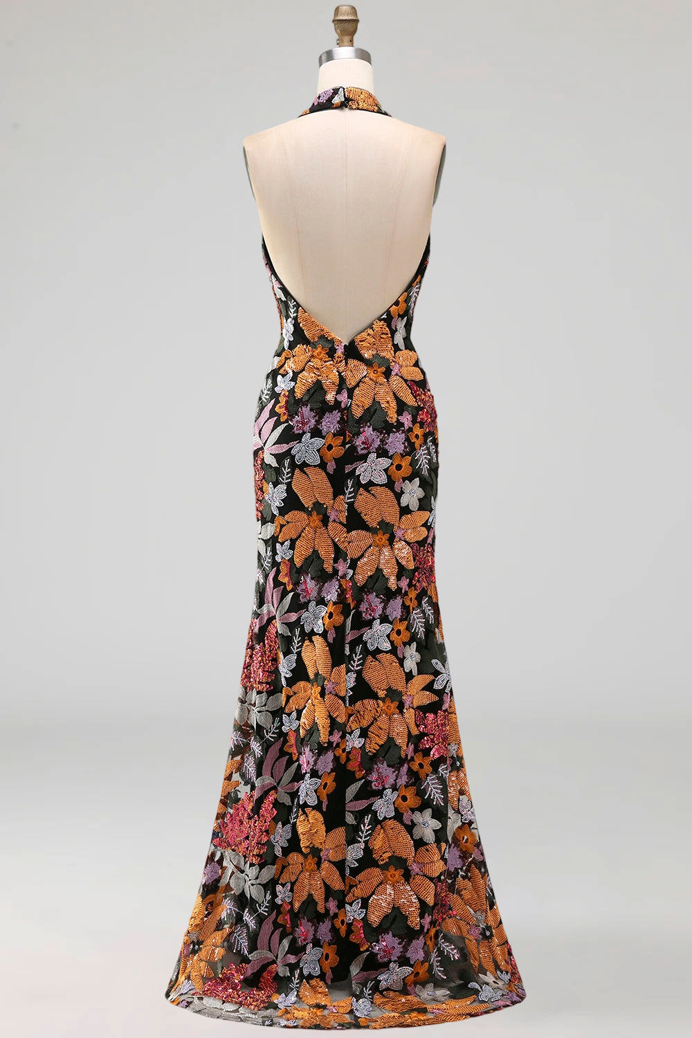 Black Sequins Floral Mermaid Halter Neck Long Formal Dress with Slit