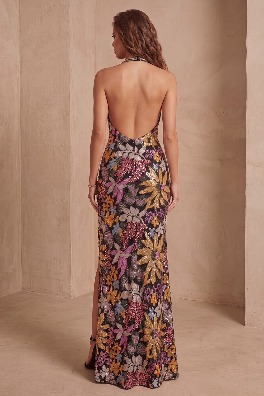 Black Sequins Floral Mermaid Halter Neck Long Formal Dress with Slit