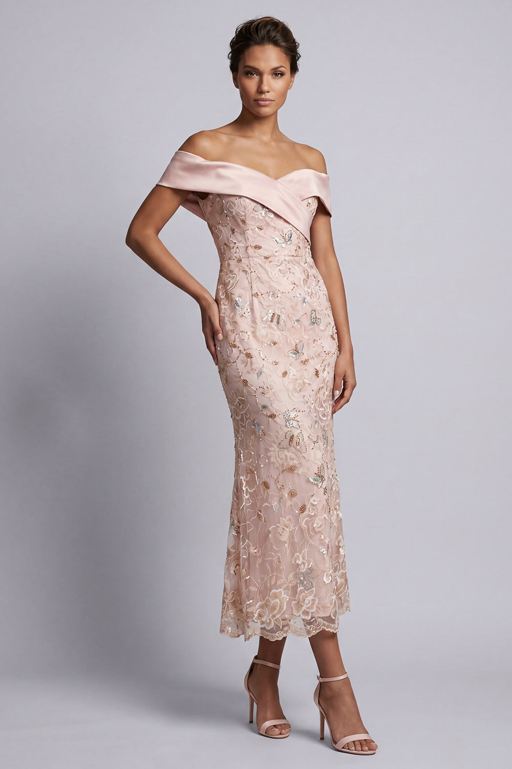 Robe Midi Sirène Perléé Épaules Dénudées Blush pour Mère de la Mariée