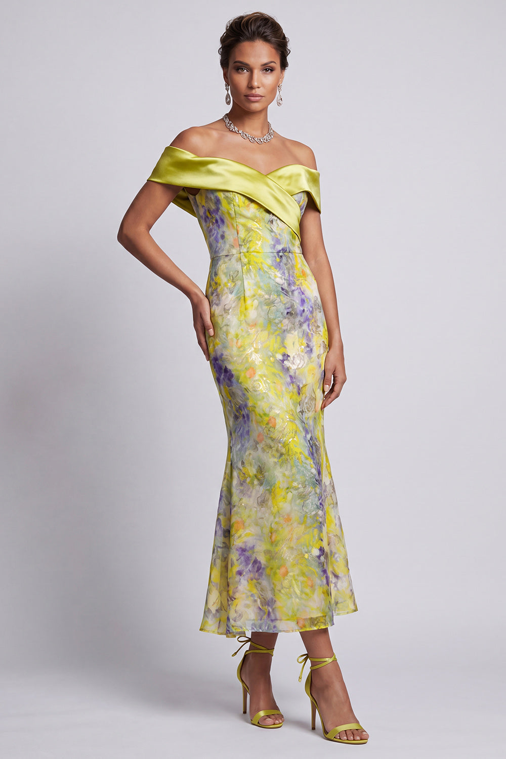 Robe Midi Sirène Perléé Épaules Dénudées Blush pour Mère de la Mariée