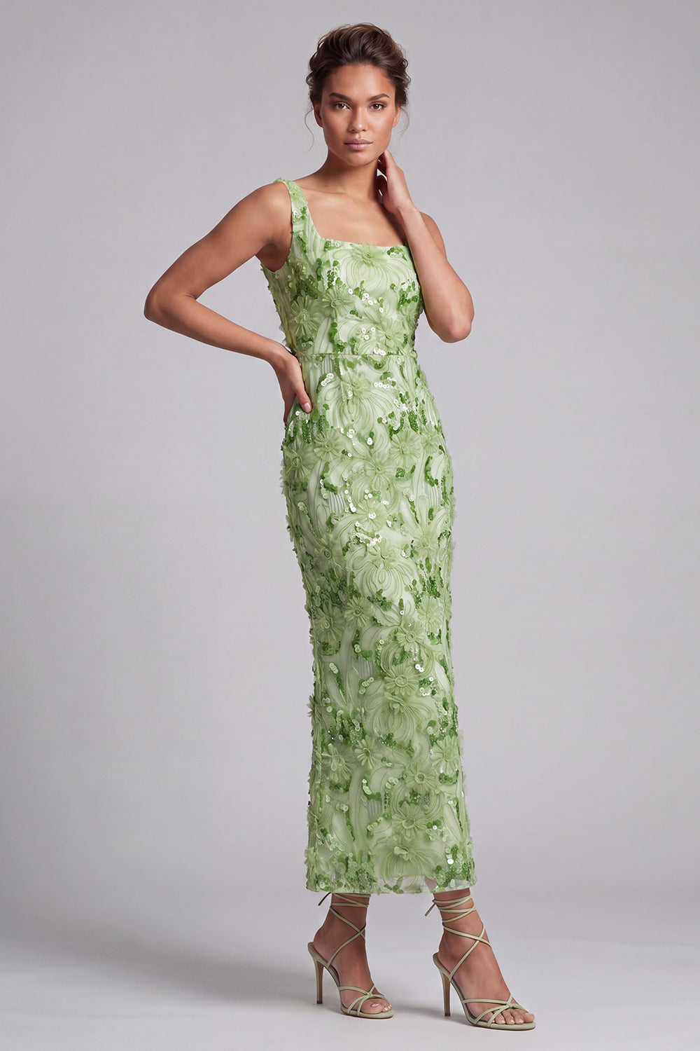 Mermaid Blush Square Neck Beaded Midi Mother Of the Bride Dress