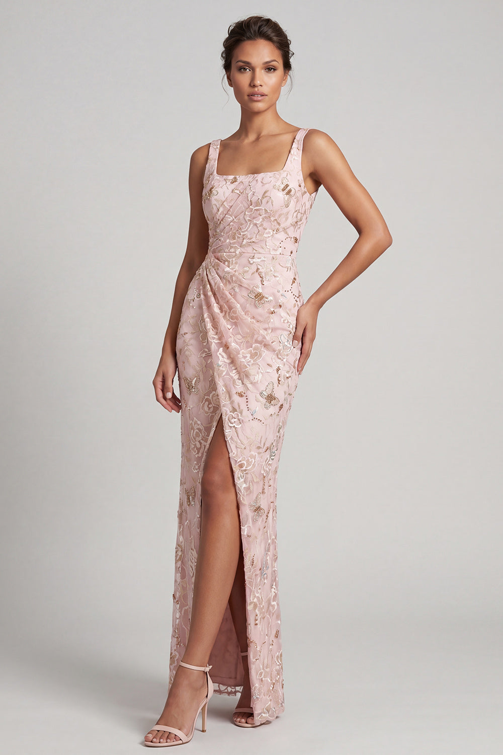 Blush Mermaid Square Neck Beaded Ruched Long Mother Of the Bride Dress with Slit