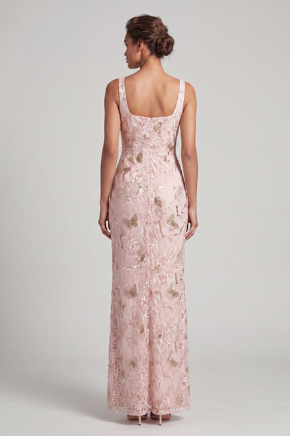 Blush Mermaid Square Neck Beaded Ruched Long Mother Of the Bride Dress with Slit