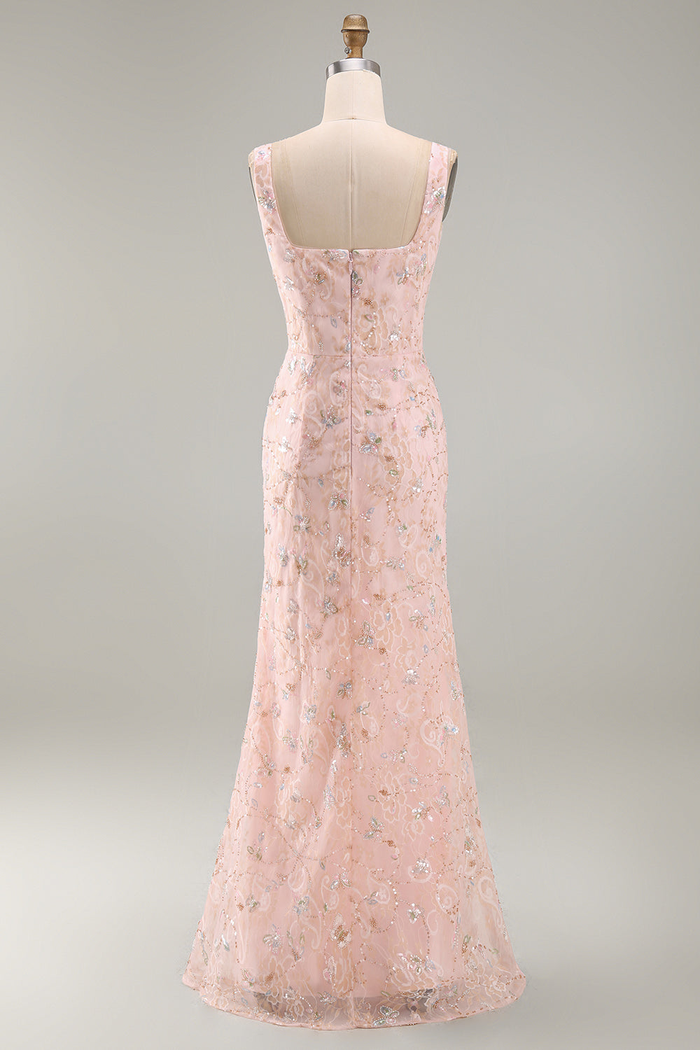 Blush Mermaid Square Neck Beaded Ruched Long Mother Of the Bride Dress with Slit
