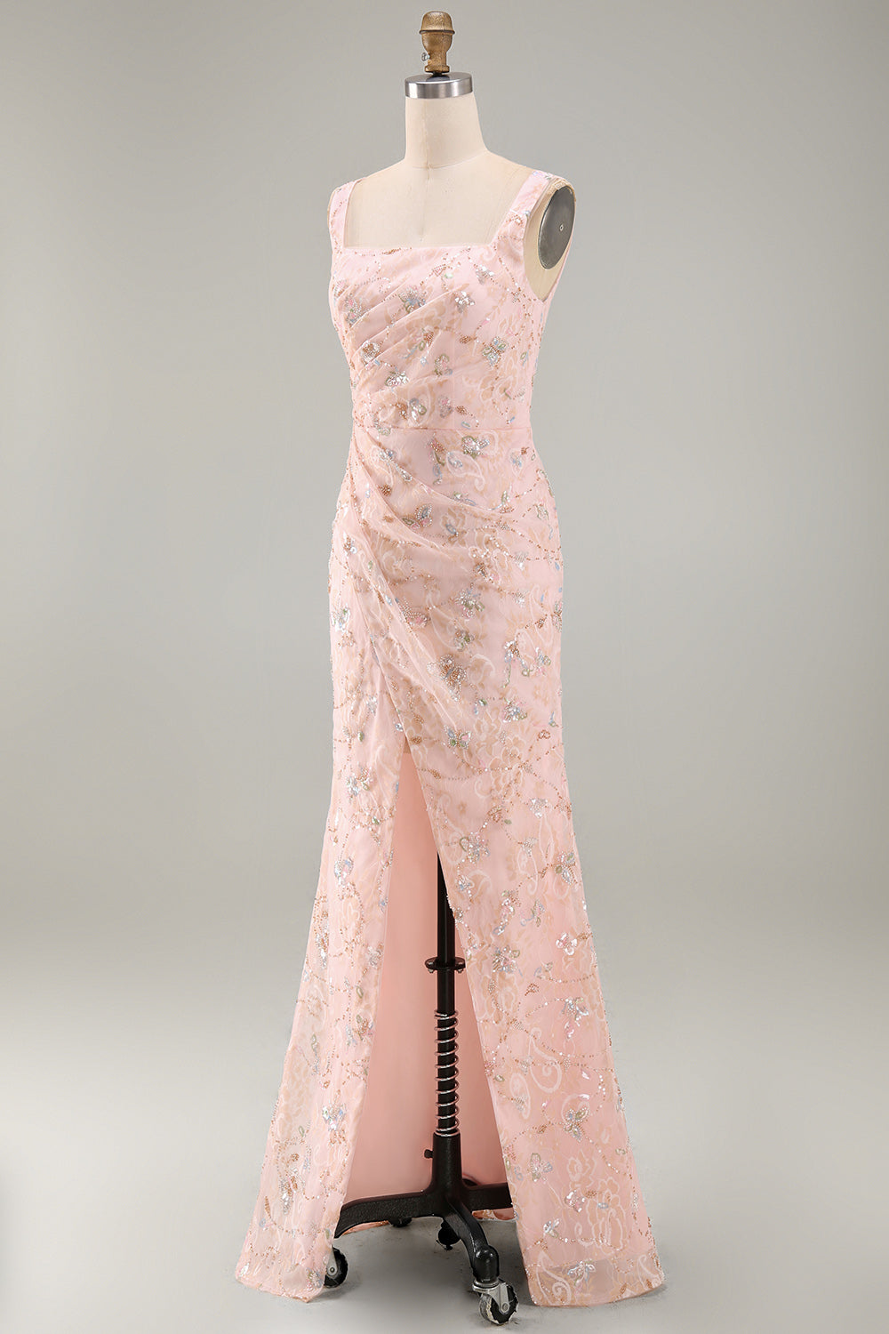 Blush Mermaid Square Neck Beaded Ruched Long Mother Of the Bride Dress with Slit