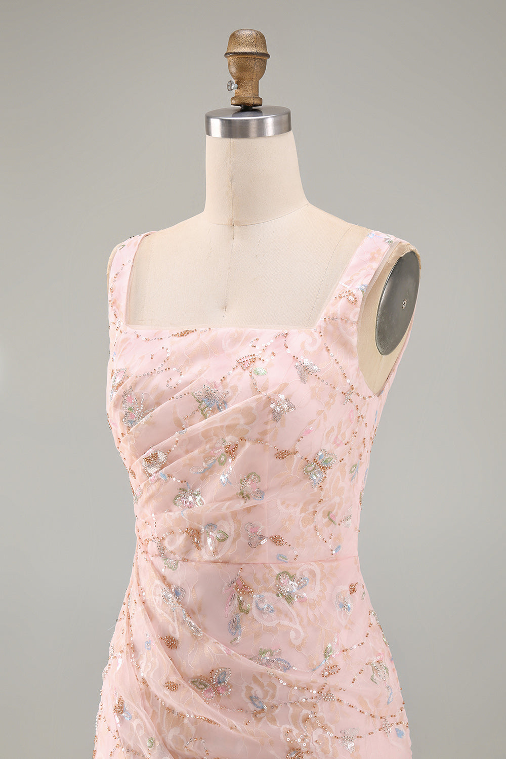 Blush Mermaid Square Neck Beaded Ruched Long Mother Of the Bride Dress with Slit