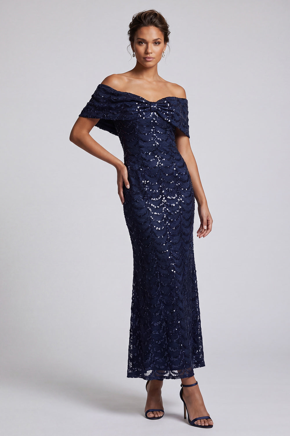 Sparkly Mermaid Navy Off the Shoulder Midi Mother Of the Bride Dress with Sequins